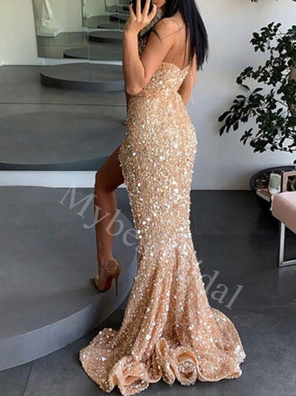 Sexy V-neck Sleeveless Side slit Mermaid Prom Dresses,PDS0876