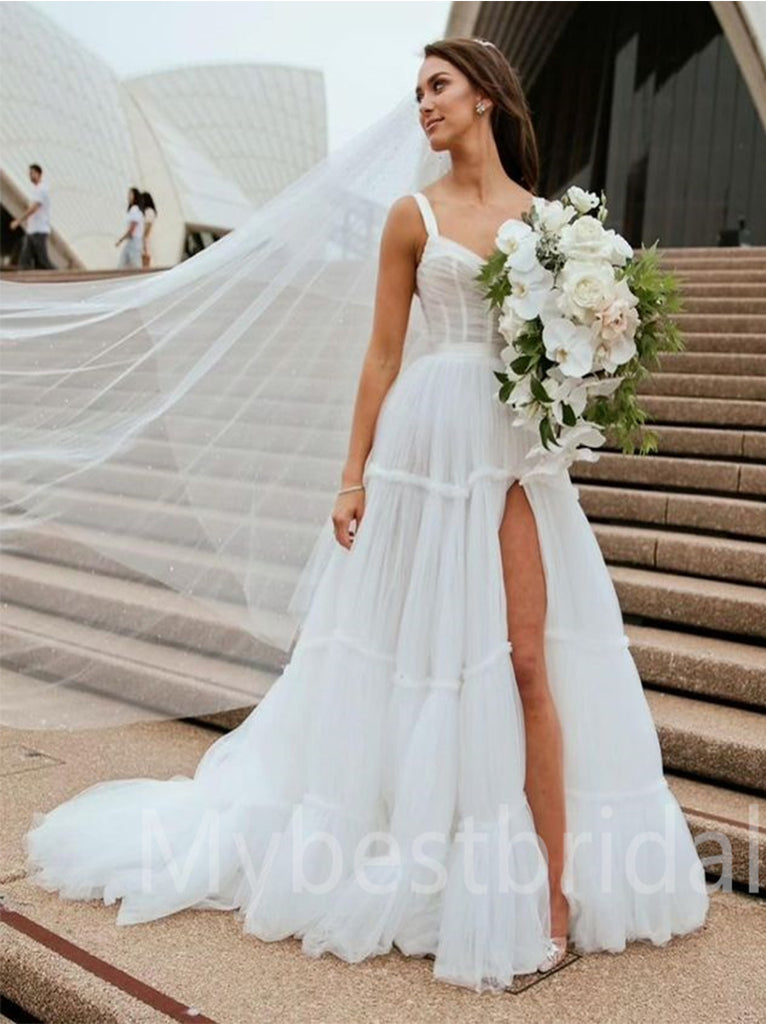 Simple Sweetheart Spaghetti straps Side slit A-Line Lace Wedding Dresses, WDY0190
