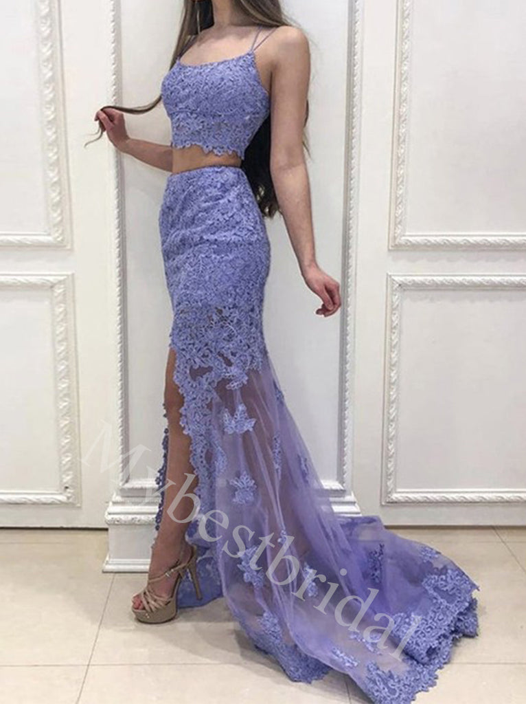 Elegant Spaghetti straps Side slit Two-pieces Mermaid Prom Dresses,PDS0949