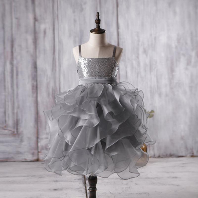 Dark Grey Sequin Organza Bustled Flower Tutu Dresses, Cheap Popular Flower Girl Dresses, FGY0114