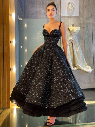Spaghetti Straps A-line Black Ball Gown Long Prom Dresses, PDS0258