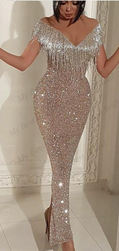 Sheath Off The Shoulder Sequined Tassel Evening Dresses,Cheap Prom Dresses,PDY0567
