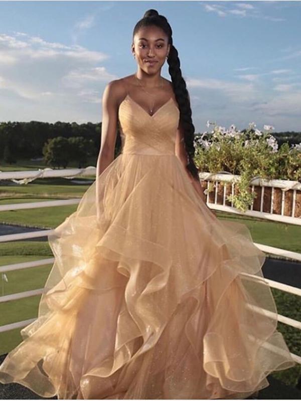 A-line Spaghetti Straps Yellow Tulle Long Prom Dresses,Cheap Prom Dresses,PDY0507