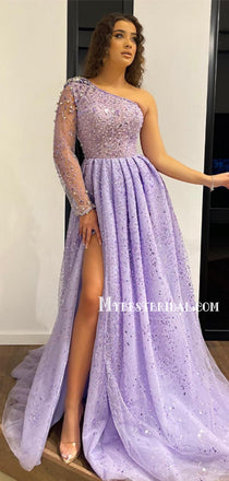 Elegant One-shoulder A-line Tulle Side Slit Simple Long Prom Dresses, PDS0197