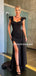 Spaghetti Straps Mermaid Side Slit Black Simple Long Prom Dresses, PDS0229