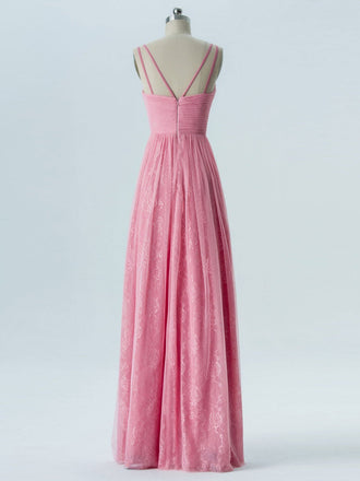 V Neck Pink Lace Cheap Long Bridesmaid Dresses Online, WGY0317