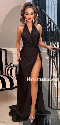 Simple Halter Side Slit Mermaid Black Long Prom Dresses, PDS0174