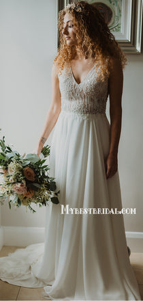 Charming V-neck A-line Chiffon Long Wedding Dresses, WDS0069