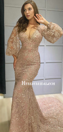 Sexy V-neck Mermaid Lace Sequin Long Sleeve Prom Dresses, PDS0154