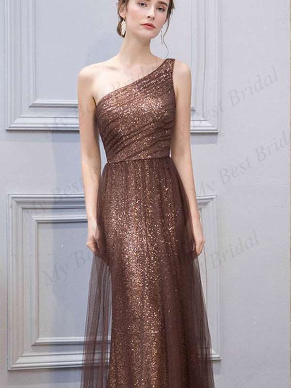 One-Shoulder Brown Sequin Evening Dresses ,Cheap Prom Dresses,PDY0578