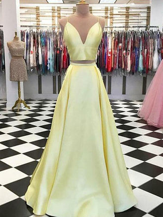 Simple A-line V-neck Yellow Satin Evening Dresses,Cheap Prom Dresses,PDY0638