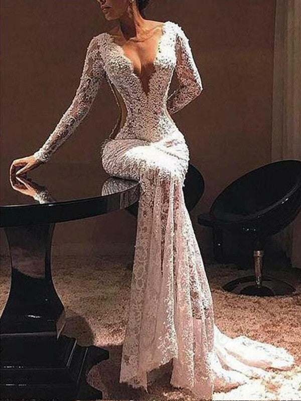 Mermaid White Sleeve V Neck Evening Party Dresses,Cheap Prom Dresses,PDY0628