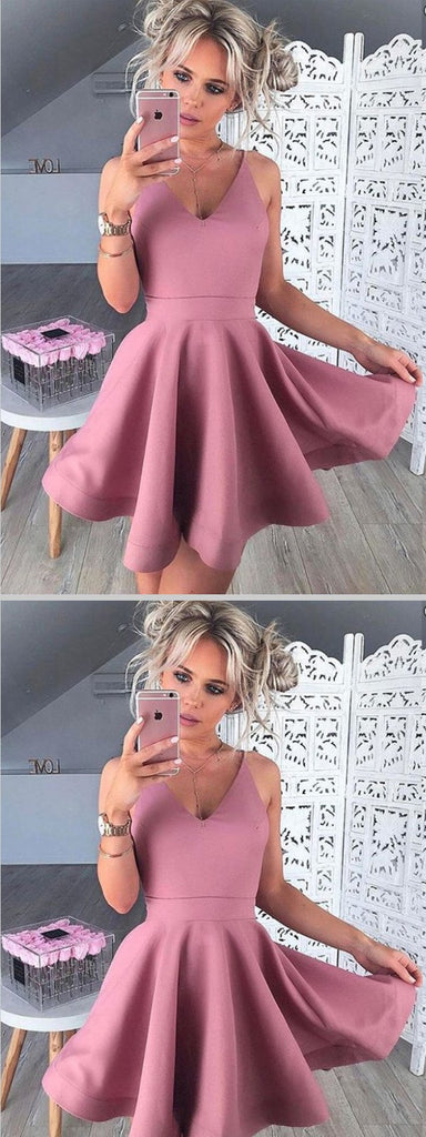 A-Line V-Neck Sleeveless Blush Satin Short Homecoming Dresses ,BDY0270