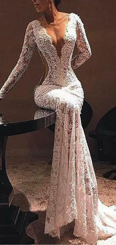 Mermaid White Sleeve V Neck Evening Party Dresses,Cheap Prom Dresses,PDY0628