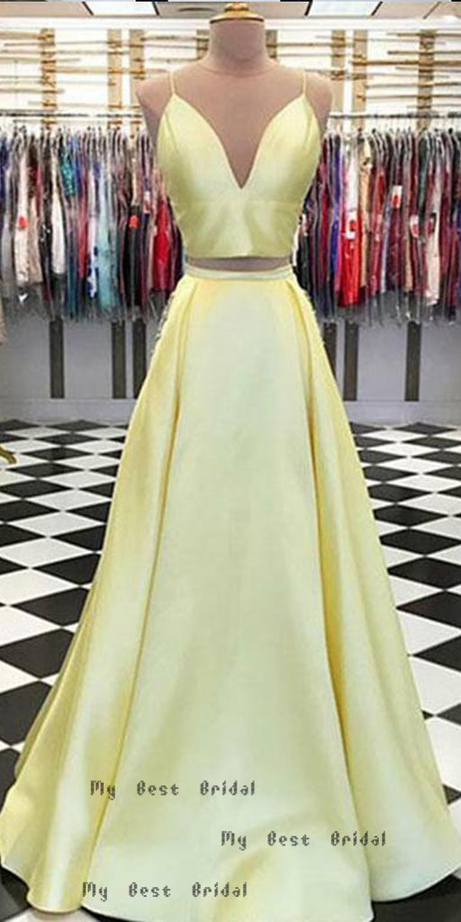 Simple A-line V-neck Yellow Satin Evening Dresses,Cheap Prom Dresses,PDY0638