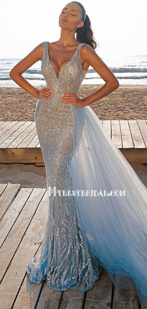 Sparkly V-neck Mermaid Two-piece Tulle Beads Prom Dresses PDS0307