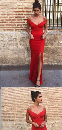 Sheath Off-the-Shoulder Red Satin Prom Dresses,Cheap Prom Dresses,PDY0491