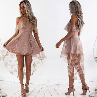 Off Shoulder High Low Dusty Pink Lace Homecoming Dresses 2018, BDY0235