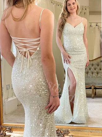 Sexy V-neck Sleeveless Side slit Mermaid Prom Dresses,PDS0901