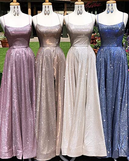 Navy Blue Spaghetti Straps Glitter Long Evening Prom Dresses, Evening Party Prom Dresses, PDS0080