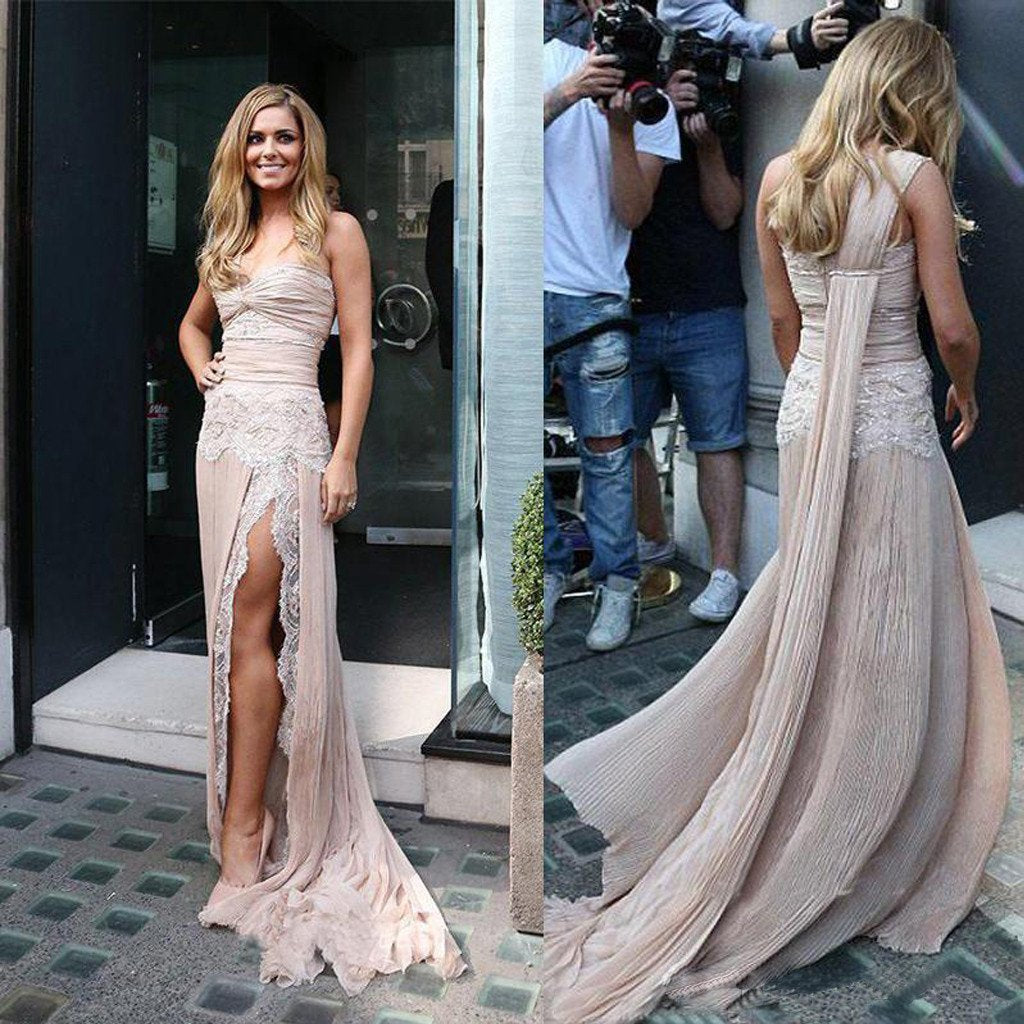 Celebrity Inspiration Style One Shoulder Lace Long Sheath Side Slit Prom Dresses, BG0081