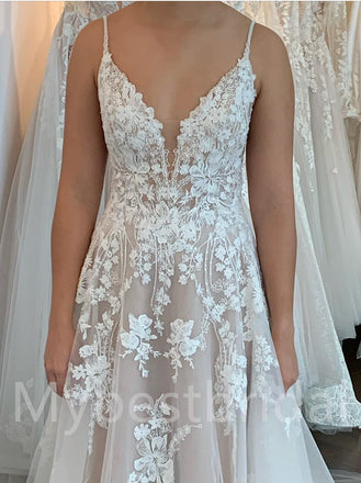 Sexy V-neck Spaghetti straps A-line Lace appique Wedding Dresses, WDY0238