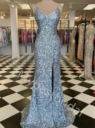 Sexy V-neck Sleeveless Side slit Mermaid Prom Dresses,PDS0744