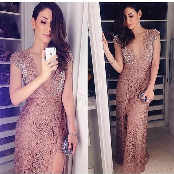 Sexy V-Neck Cap Sleeve Lace Rhinestone Side Slit Long Prom Dresses, BG0024