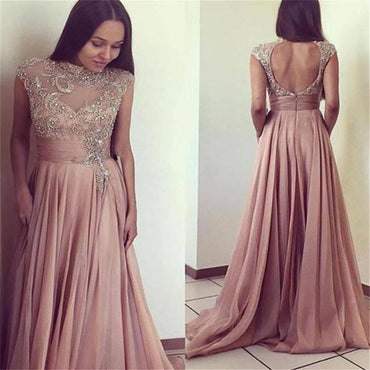 Long A-line Rhinestone Beaded Open Back Chiffon Prom Dresses, BG0083