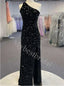 Black Elegant One shoulder Side slit Mermaid Prom Dresses,PDS0883