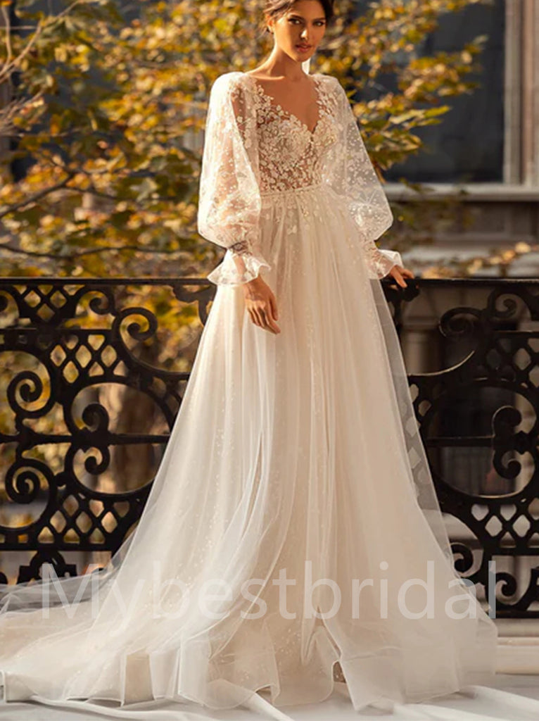 Elegant V-neck Long sleeves A-line Lace applique Wedding Dresses, WDY0303