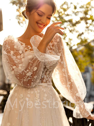 Elegant V-neck Long sleeves A-line Lace applique Wedding Dresses, WDY0303