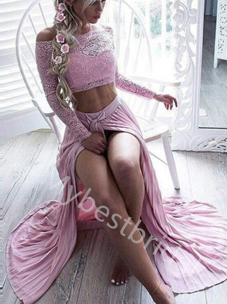 Sexy Long sleeves Side slit Two pieces A-line Prom Dresses,PDS0776