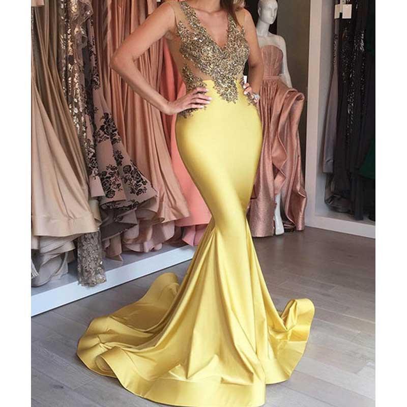 Newest Lace Beaded Sexy See Through Long Mermaid Yellow Prom Dresses, BG0088