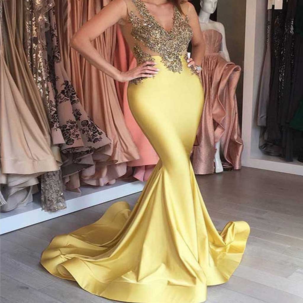 Newest Lace Beaded Sexy See Through Long Mermaid Yellow Prom Dresses, BG0088