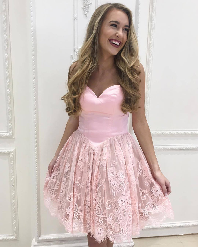Custom Sweetheart Short Pink Lace Homecoming Dresses 2018,BDY0303