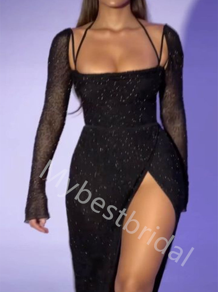 Sexy Long sleeves Side slit Sheath Prom Dresses,PDS0783