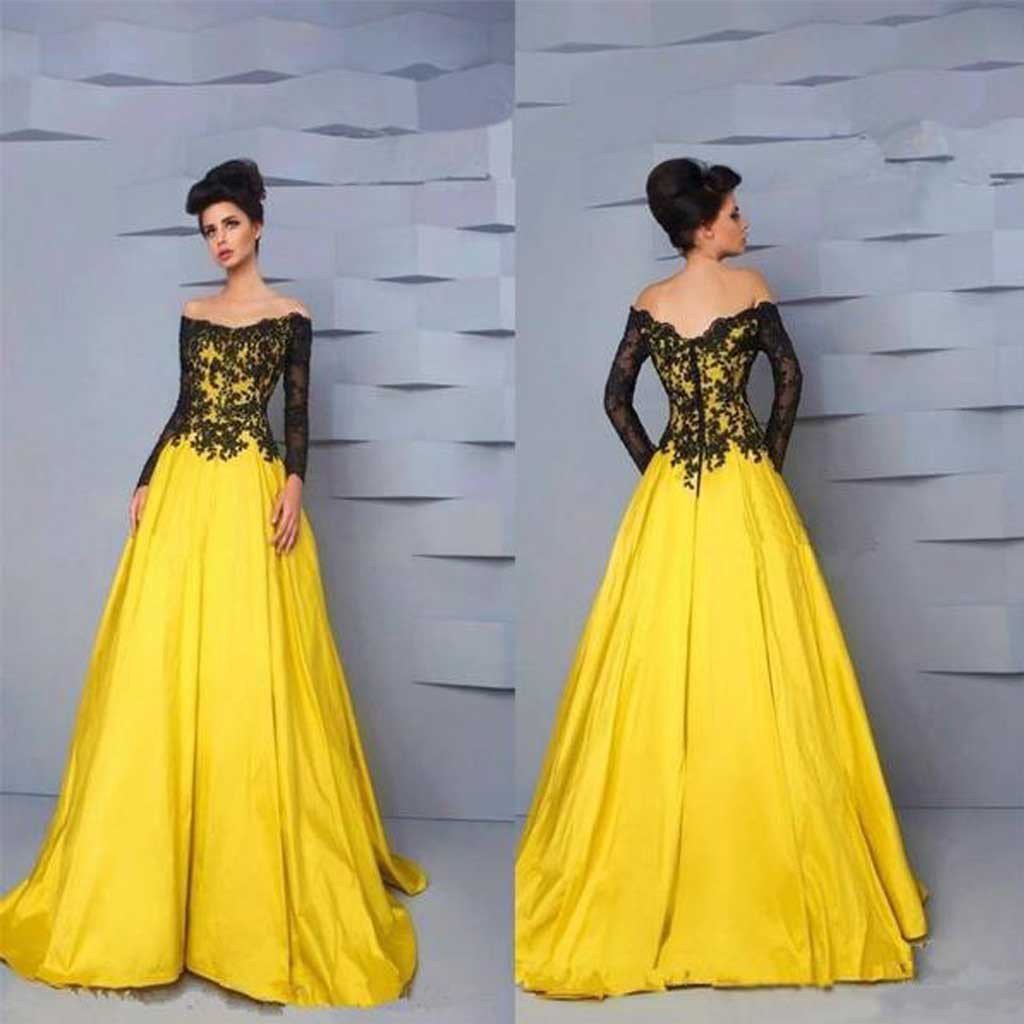Off Shoulder Long Sleeve Black Lace Top Long A-line Yellow Satin Prom –  mybestbridal