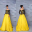 Off Shoulder Long Sleeve Black Lace Top Long A-line Yellow Satin Prom Dresses, BG0089