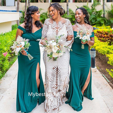 Off-shoulder Side slit Mermaid Floor-length Elegant Simple Pretty Long Bridesmaid Dresses, BDS0256