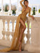 New Arrival V-neck Mermaid Gold Side Slit Long Prom Dresses Online, PDS0218