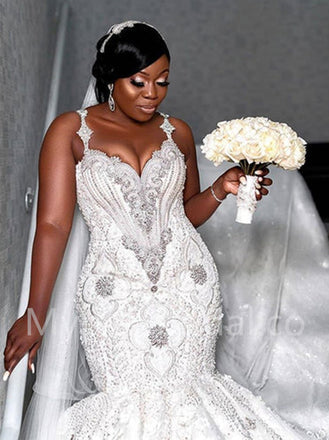 Sexy V-neck Spaghetti straps Mermaid Lace applique Wedding Dresses, WDY0292