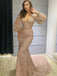 Sexy V-neck Mermaid Lace Sequin Long Sleeve Prom Dresses, PDS0154