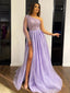 Elegant One-shoulder A-line Tulle Side Slit Simple Long Prom Dresses, PDS0197