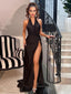 Simple Halter Side Slit Mermaid Black Long Prom Dresses, PDS0174