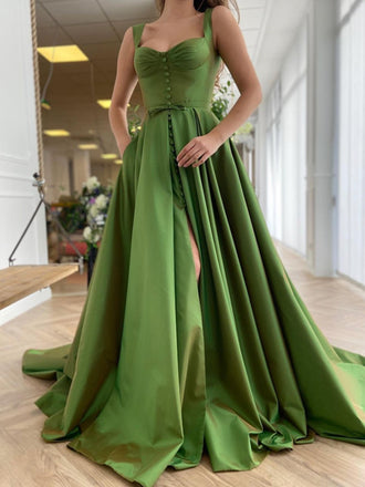 Newest Spaghetti Strap A-line Satin Simple Long Prom Dresses, PDS0191