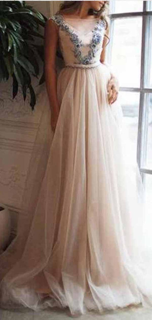 A Line Applique V-back Ivory Tulle Evening Dresses,Cheap Prom Dresses,PDY0568