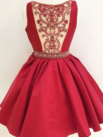 V Neck Red See Through Beading Custom Cheap Homecoming Dresses 2018, BDY0229