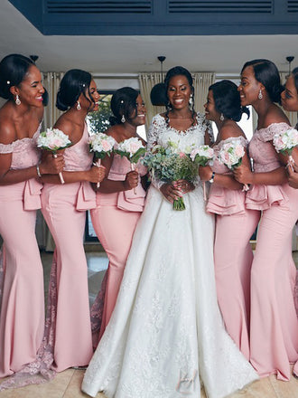 Mermaid Off-shoulder Lace Long Simple Bridesmaid Dresses, BDS0141