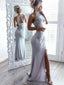 Mermaid Open Back Grey Prom Dress With Appliques Split,Cheap Prom Dresses,PDY0542
